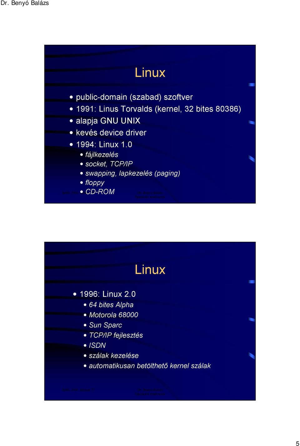 0 fájlkezelés socket, TCP/IP swapping, lapkezelés (paging) floppy CD-ROM Linux 1996: