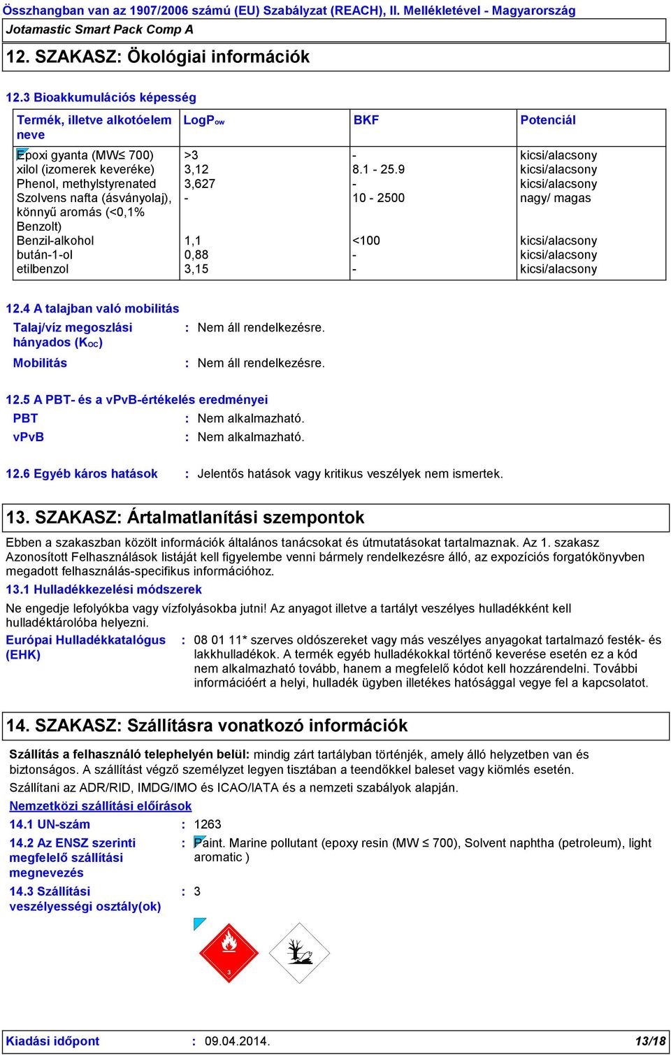 0,88 - kicsi/alacsony etilbenzol 3,15 - kicsi/alacsony 12.4 A talajban való mobilitás Talaj/víz megoszlási hányados (KOC) Mobilitás 12.5 A PBT- és a vpvb-értékelés eredményei PBT Nem alkalmazható.
