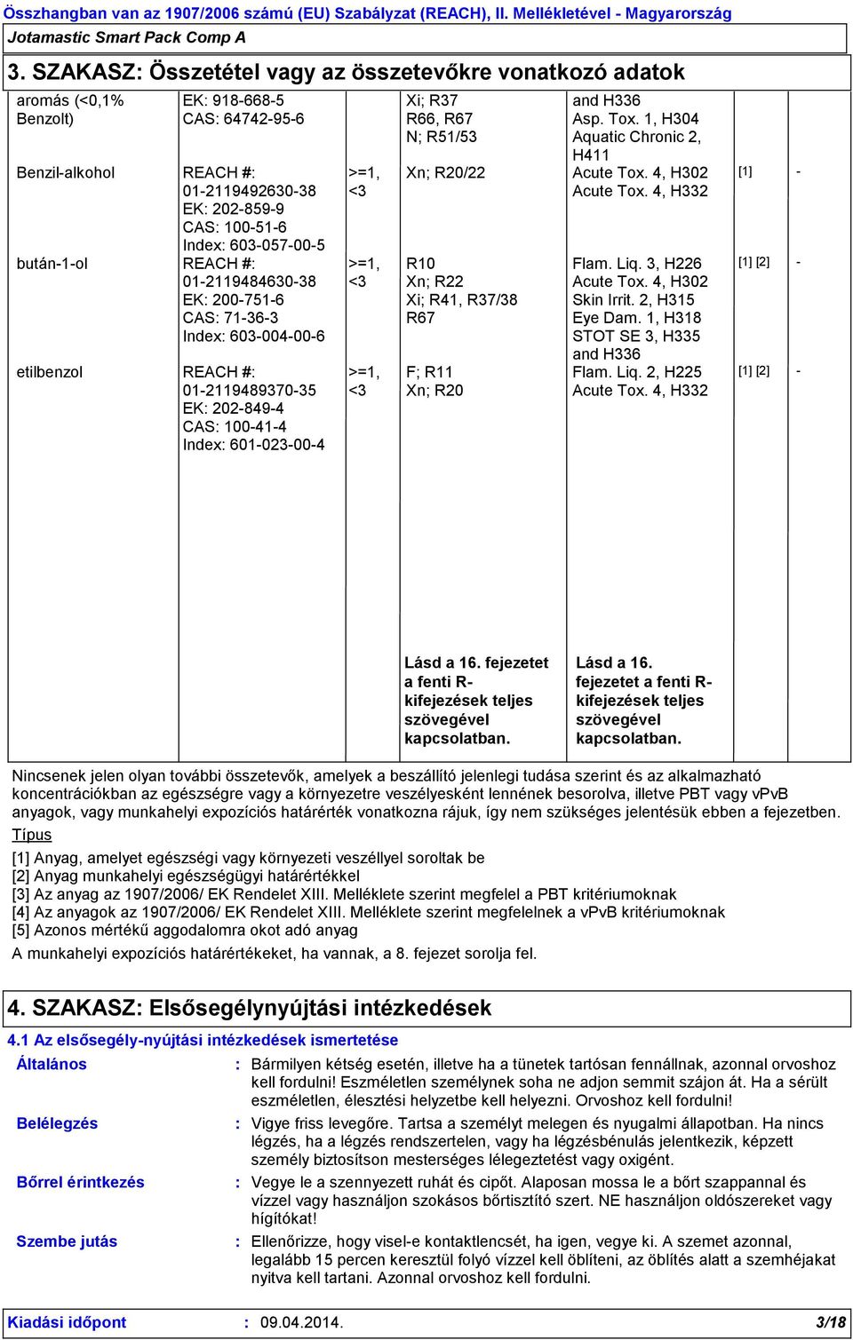 R67 N; R51/53 Xn; R20/22 R10 Xn; R22 Xi; R41, R37/38 R67 F; R11 Xn; R20 and H336 Asp. Tox. 1, H304 Aquatic Chronic 2, H411 Acute Tox. 4, H302 Acute Tox. 4, H332 Flam. Liq. 3, H226 Acute Tox.