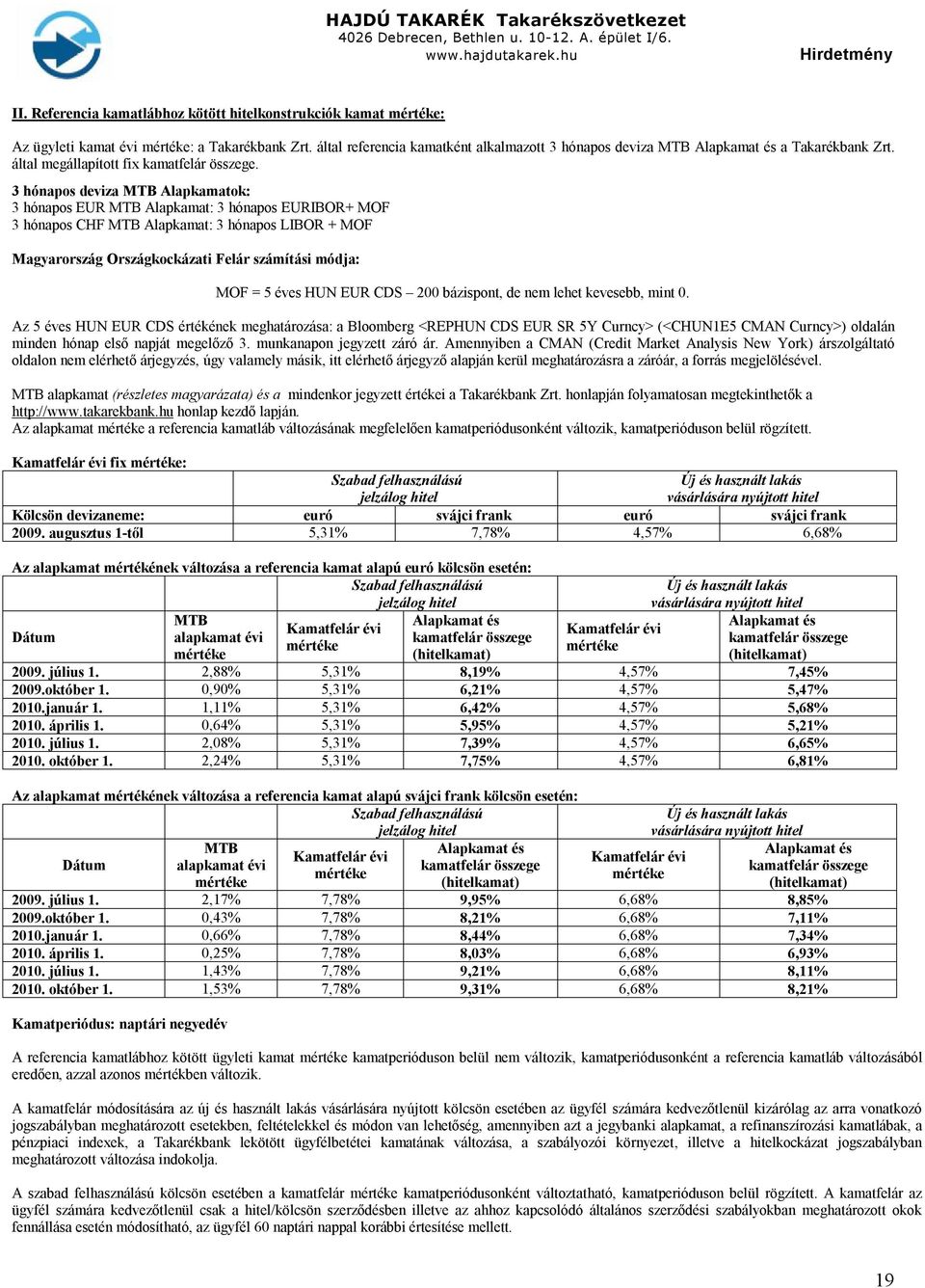 3 hónapos deviza MTB Alapkamatok: 3 hónapos EUR MTB Alapkamat: 3 hónapos EURIBOR+ MOF 3 hónapos CHF MTB Alapkamat: 3 hónapos LIBOR + MOF Magyarország Országkockázati Felár számítási módja: MOF = 5