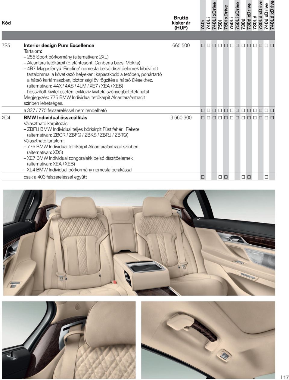 (alternatívan: 4AX / 4AS / 4LM / XE7 / XEA / XEB) hosszított kivitel esetén: exkluzív kivitelű szőnyegbetétek hátul Megjegyzés: 776 BMW Individual tetőkárpit Alcantara/antracit színben lehetséges.