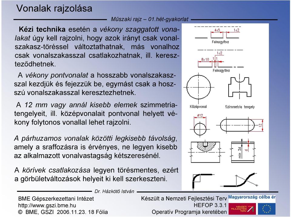 ill. kereszteződhetnek. A vékony pontvonalat a hosszabb vonalszakaszszal kezdjük és fejezzük be, egymást csak a hoszszú vonalszakasszal keresztezhetnek.