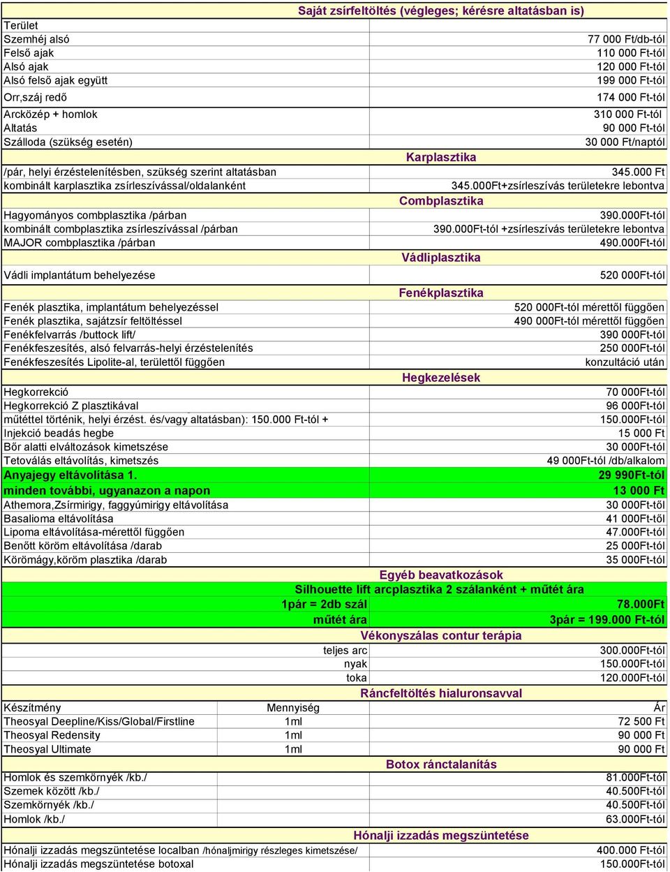 zsírfeltöltés (végleges; kérésre altatásban is) 77 000 Ft/dbtól 110 000 Fttól 120 000 Fttól 199 000 Fttól 174 000 Fttól 310 000 Fttól 90 000 Fttól 30 000 Ft/naptól Karplasztika 345.000 Ft 345.