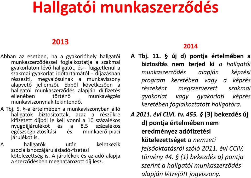 5. -a értelmében a munkaviszonyban álló hallgatók biztosítottak, azaz a részükre kifizetett díjból le kell vonni a 10 százalékos nyugdíjjárulékot és a 8,5 százalékos egészségbiztosítási és