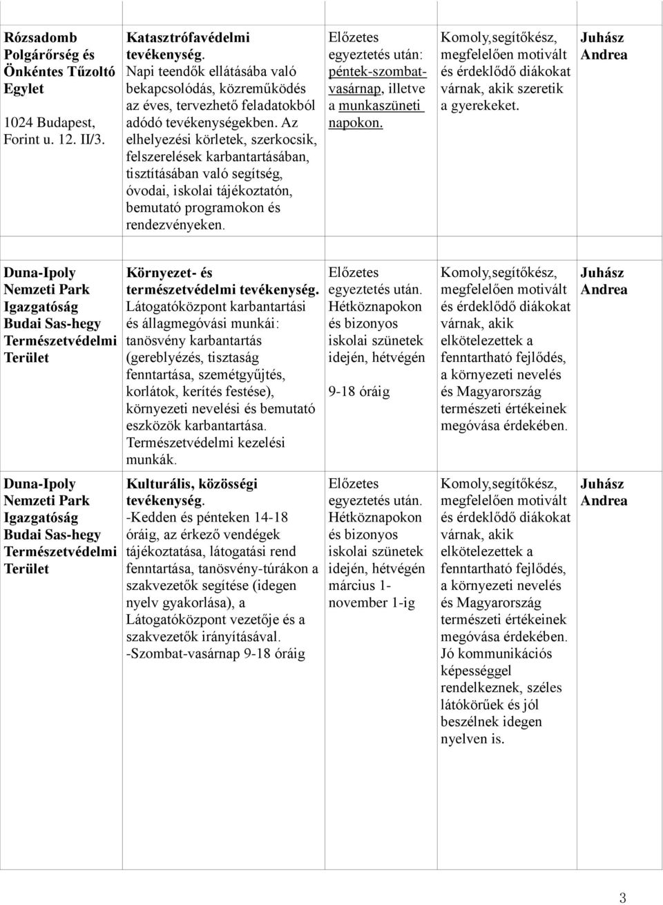 Az elhelyezési körletek, szerkocsik, felszerelések karbantartásában, tisztításában való segítség, óvodai, iskolai tájékoztatón, bemutató programokon és rendezvényeken.