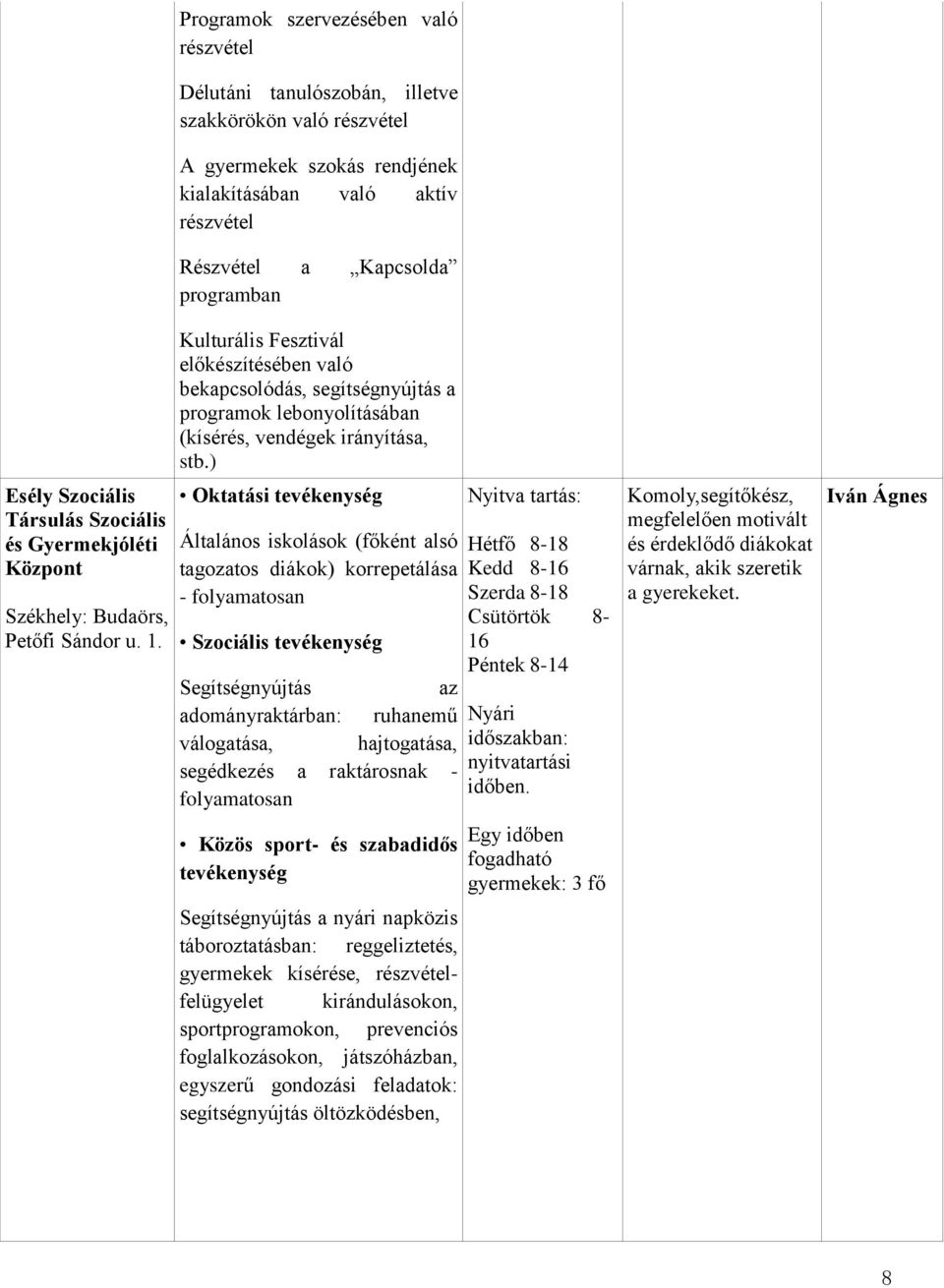 Kulturális Fesztivál előkészítésében való bekapcsolódás, segítségnyújtás a programok lebonyolításában (kísérés, vendégek irányítása, stb.