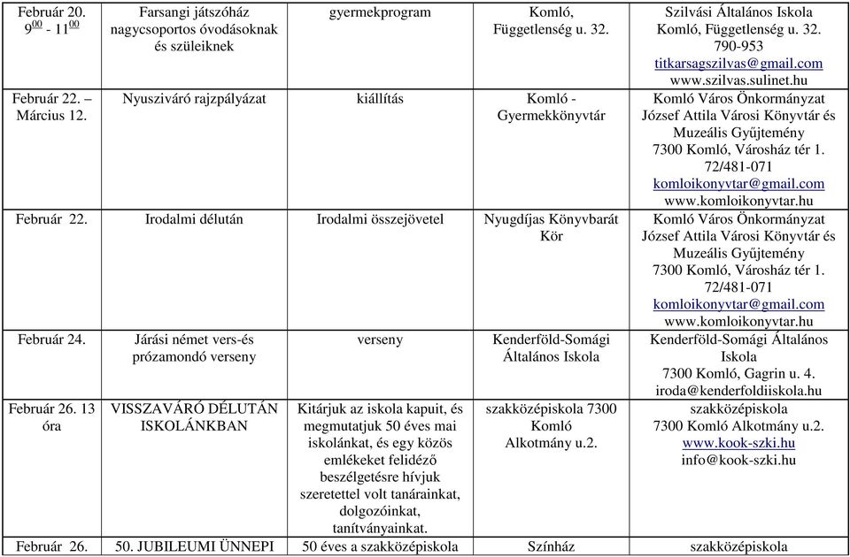 13 óra Járási német vers-és prózamondó verseny VISSZAVÁRÓ DÉLUTÁN ISKOLÁNKBAN verseny Kitárjuk az iskola kapuit, és megmutatjuk 50 éves mai iskolánkat, és egy közös emlékeket felidéző beszélgetésre