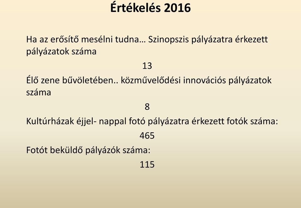 . közművelődési innovációs pályázatok száma 8 Kultúrházak éjjel-