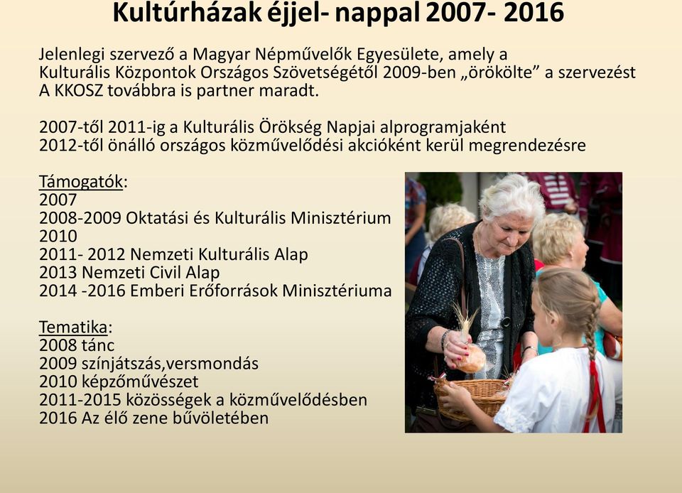 2007-től 2011-ig a Kulturális Örökség Napjai alprogramjaként 2012-től önálló országos közművelődési akcióként kerül megrendezésre Támogatók: 2007 2008-2009