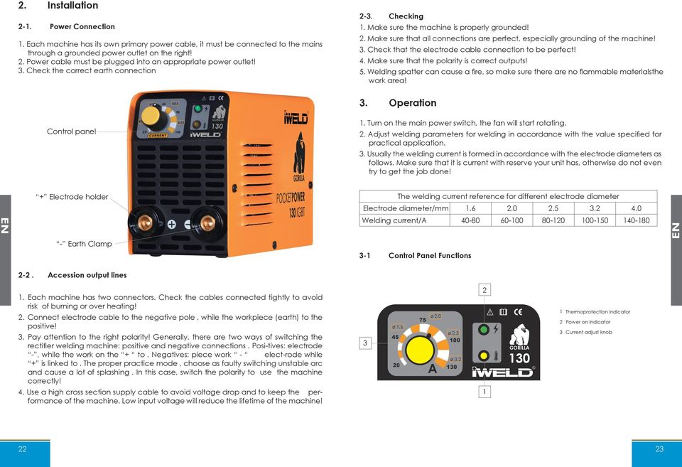 Check that the electrode cable connection to be perfect! 4. Make sure that the polarity is correct outputs! 5.