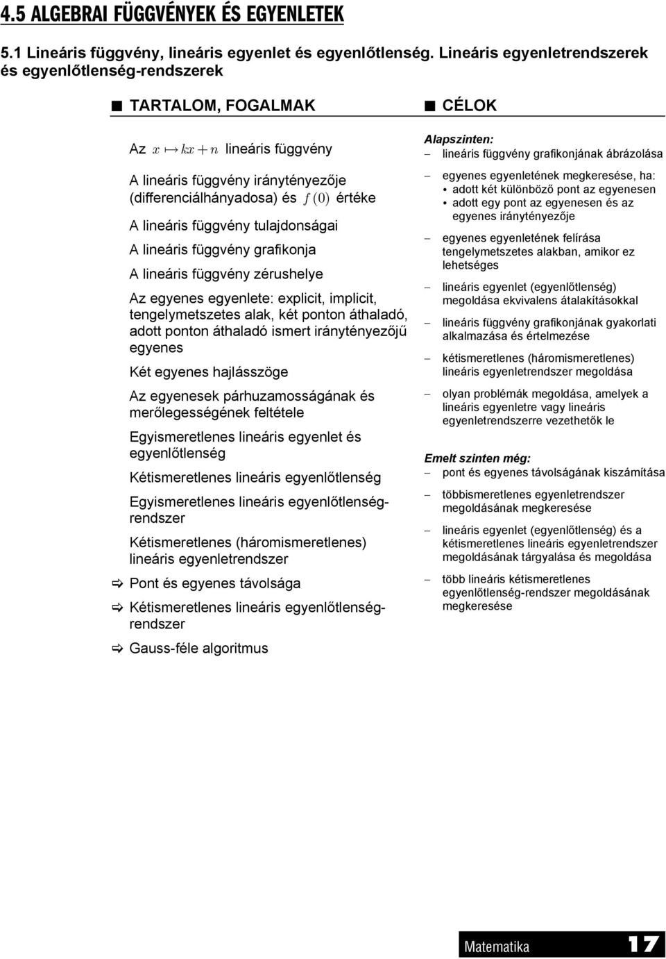 lineáris függvény grafikonja A lineáris függvény zérushelye Az egyenes egyenlete: explicit, implicit, tengelymetszetes alak, két ponton áthaladó, adott ponton áthaladó ismert iránytényezőjű egyenes