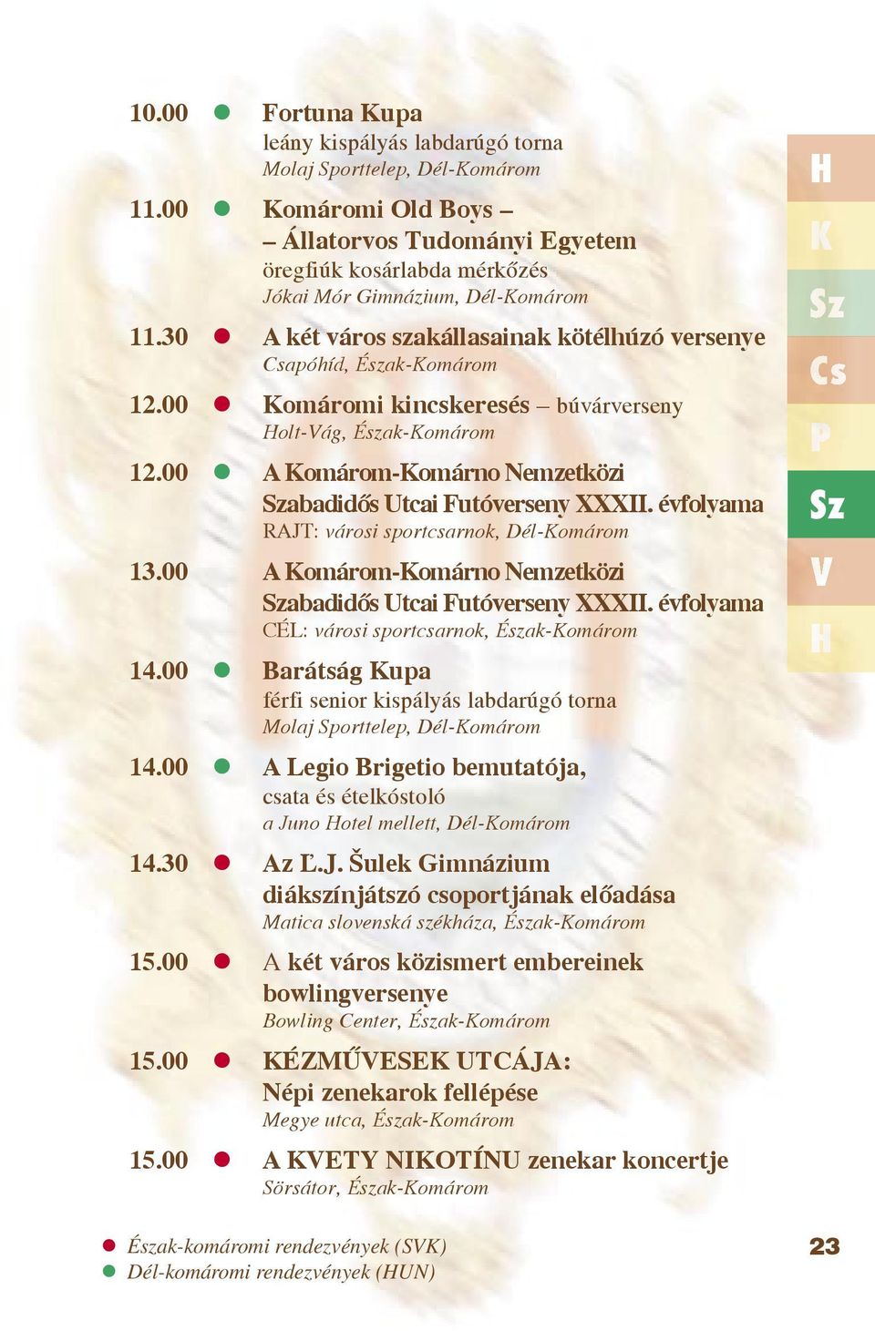 00 A Komárom-Komárno Nemzetközi abadidős Utcai Futóverseny XXXII. évfolyama RAJT: városi sportcsarnok, Dél-Komárom 13.00 A Komárom-Komárno Nemzetközi abadidős Utcai Futóverseny XXXII. évfolyama CÉL: városi sportcsarnok, Észak-Komárom 14.