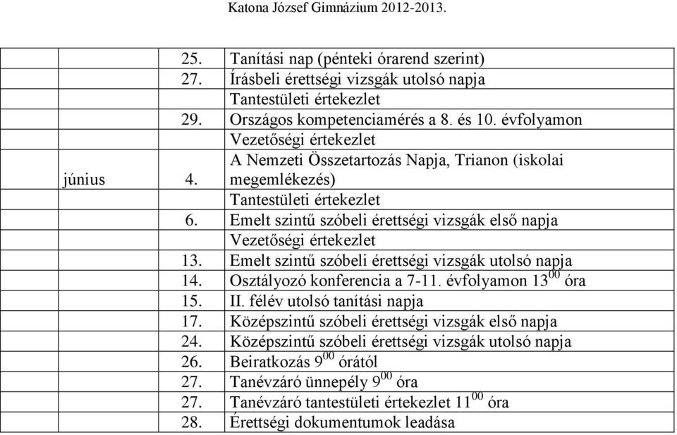 Emelt szintű szóbeli érettségi vizsgák utolsó napja 14. Osztályozó konferencia a 7-11. évfolyamon 13 00 óra 15. II. félév utolsó tanítási napja 17.