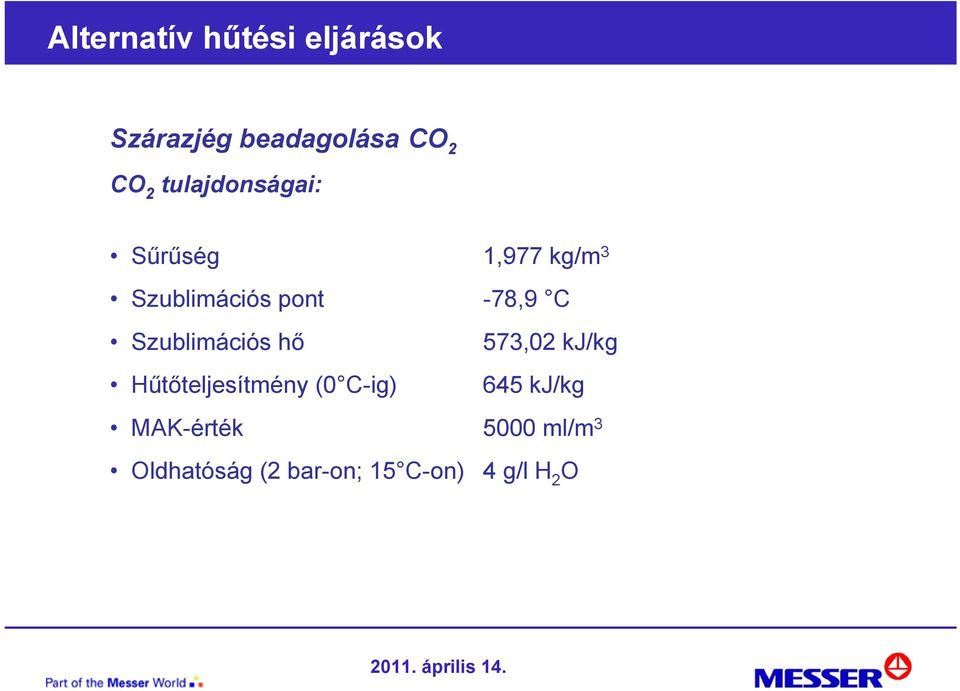 Szublimációs hő Hűtőteljesítmény (0 C-ig) 573,02 kj/kg 645