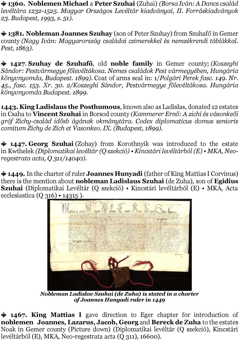Szuhay de Szuhafő, old noble family in Gemer county; (Koszeghi Sándor: Pestvármegye főlevéltákosa. Nemes családok Pest vármegyében, Hungária könyvnyomda, Budapest. 1899).