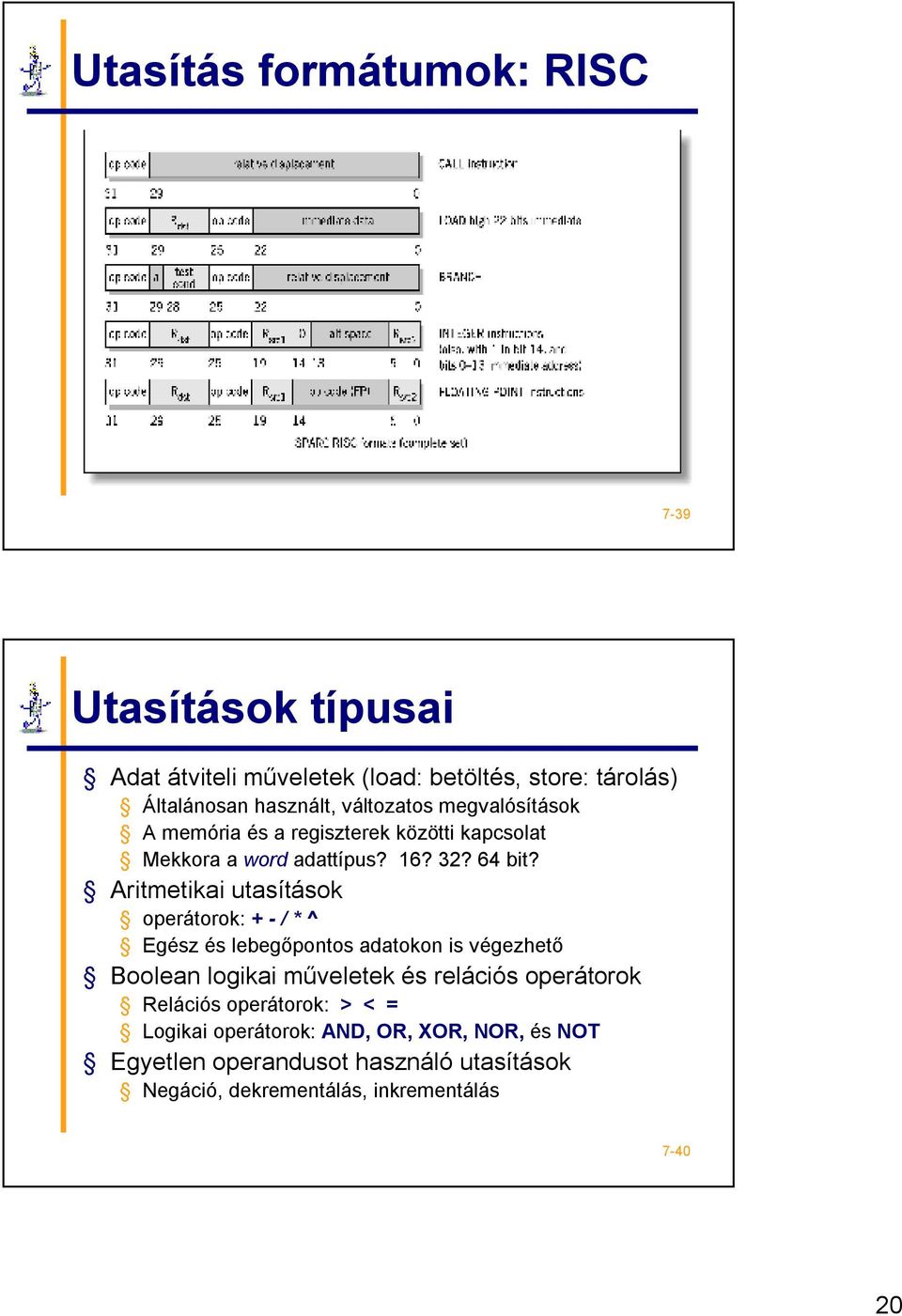 Aritmetikai utasítások operátorok: + - / * ^ Egész és lebegőpontos adatokon is végezhető Boolean logikai műveletek és relációs