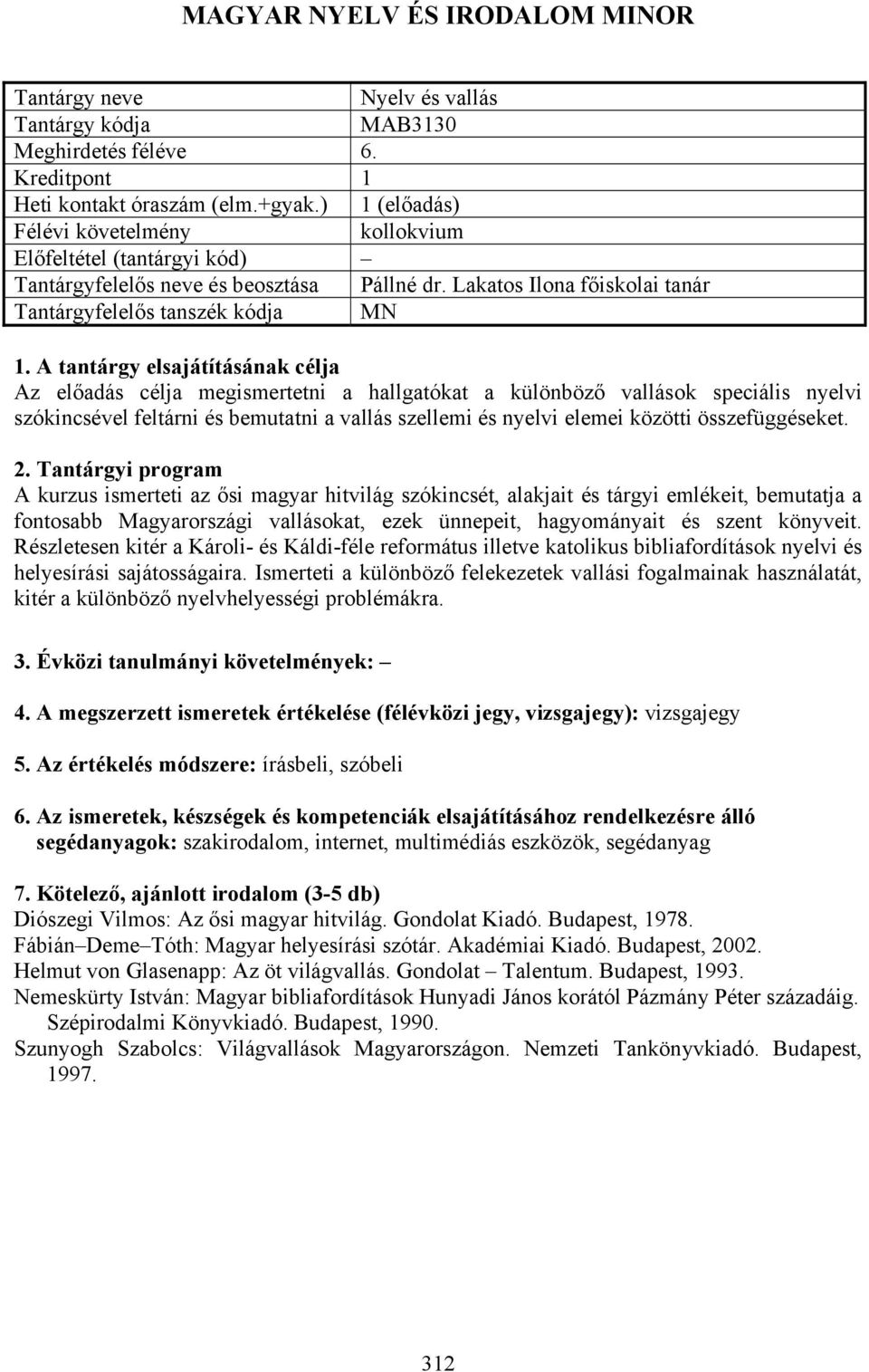 Lakatos Ilona főiskolai tanár Tantárgyfelelős tanszék kódja MN Az előadás célja megismertetni a hallgatókat a különböző vallások speciális nyelvi szókincsével feltárni és bemutatni a vallás szellemi