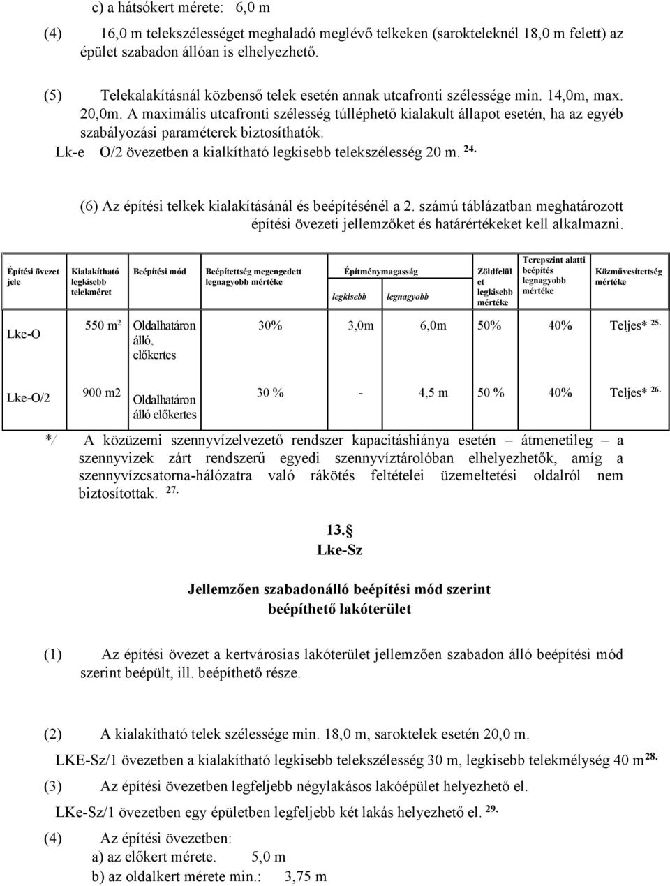 A maximális utcafronti szélesség túlléphető kialakult állapot esetén, ha az egyéb szabályozási paraméterek biztosíthatók. Lk-e O/2 övezetben a kialkítható telekszélesség 20 m. 24.