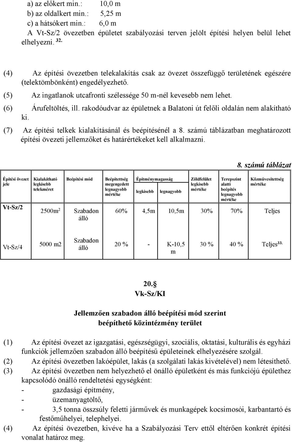 (6) Árufeltöltés, ill. rakodóudvar az épületnek a Balatoni út felőli oldalán nem alakítható ki. (7) Az építési telkek kialakításánál és énél a 8. számú táblázatban meghatározott 8.