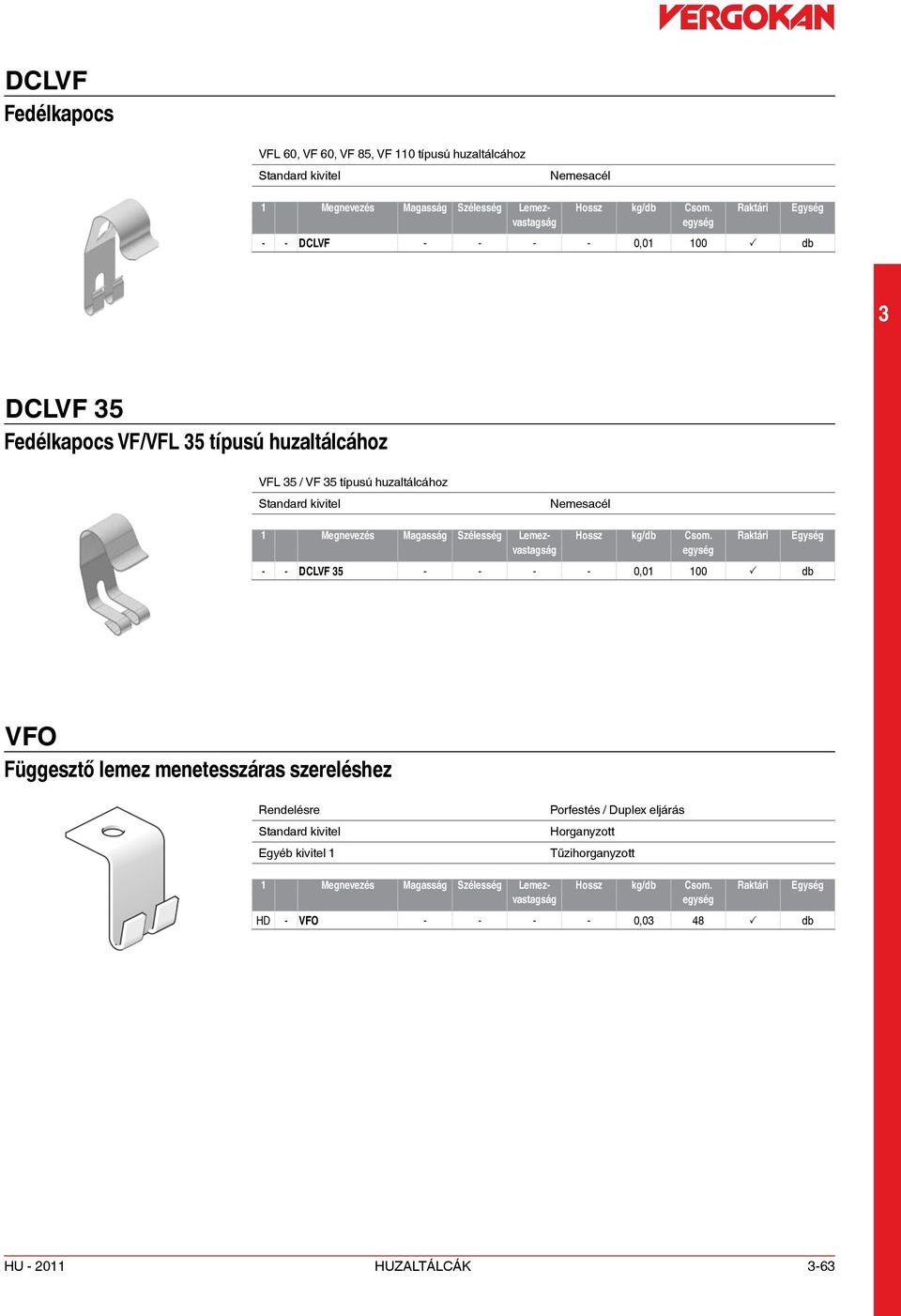 huzaltálcához VFL 5 / VF 5 típusú huzaltálcához Nemesacél - - DCLVF 5 - - - -