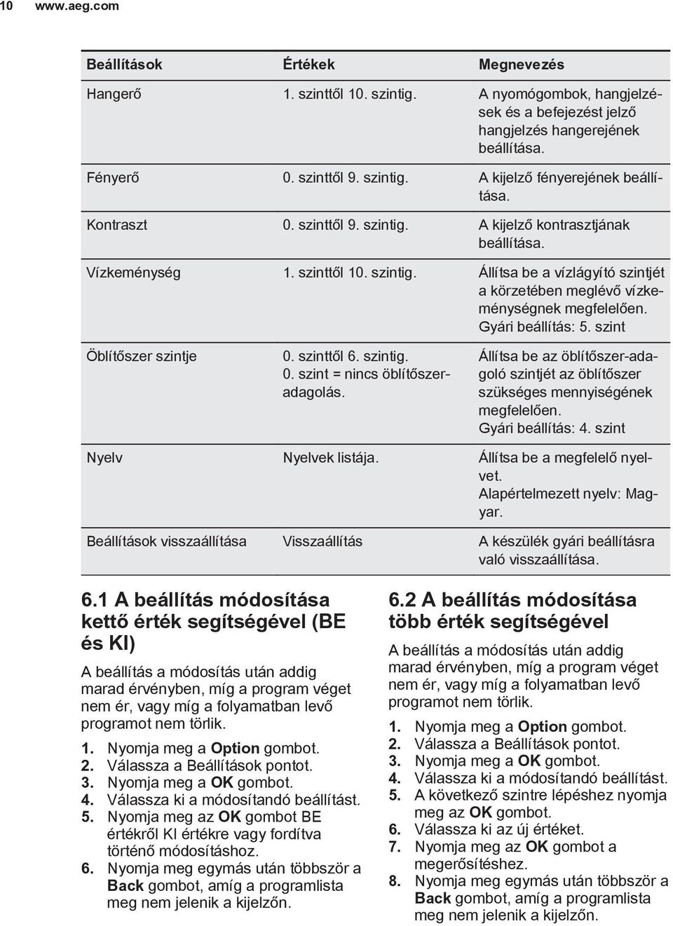 Gyári beállítás: 5. szint Öblítőszer szintje 0. szinttől 6. szintig. 0. szint = nincs öblítőszeradagolás. Állítsa be az öblítőszer-adagoló szintjét az öblítőszer szükséges mennyiségének megfelelően.