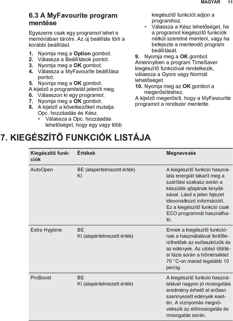 A kijelző a következőket mutatja: Opc. hozzáadás és Kész. Válassza a Opc. hozzáadás lehetőséget, hogy egy vagy több 7. KIEGÉSZÍTŐ FUNKCIÓK LISTÁJA MAGYAR 11 kiegészítő funkciót adjon a programhoz.