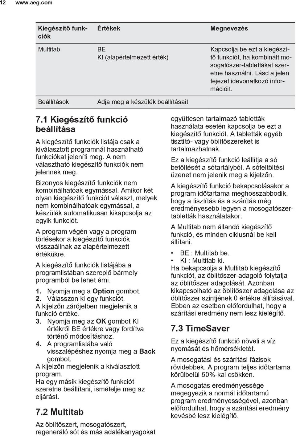 1 Kiegészítő funkció beállítása A kiegészítő funkciók listája csak a kiválasztott programnál használható funkciókat jeleníti meg. A nem választható kiegészítő funkciók nem jelennek meg.