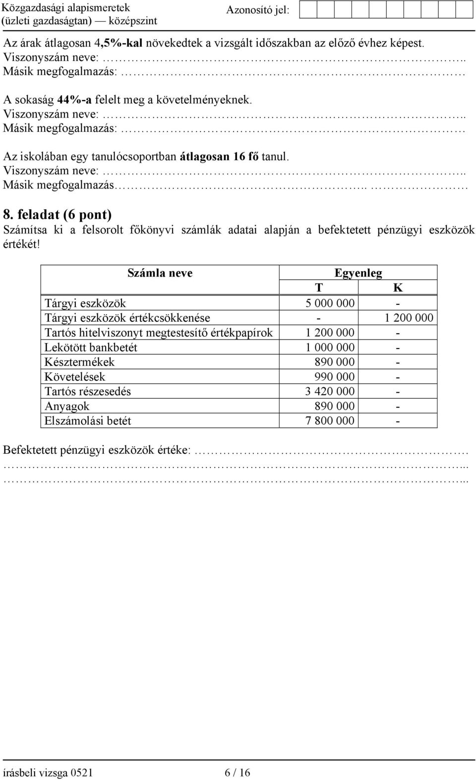 Számla neve Egyenleg T K Tárgyi eszközök 5 000 000 - Tárgyi eszközök értékcsökkenése - 1 200 000 Tartós hitelviszonyt megtestesítő értékpapírok 1 200 000 - Lekötött bankbetét 1 000 000 - Késztermékek