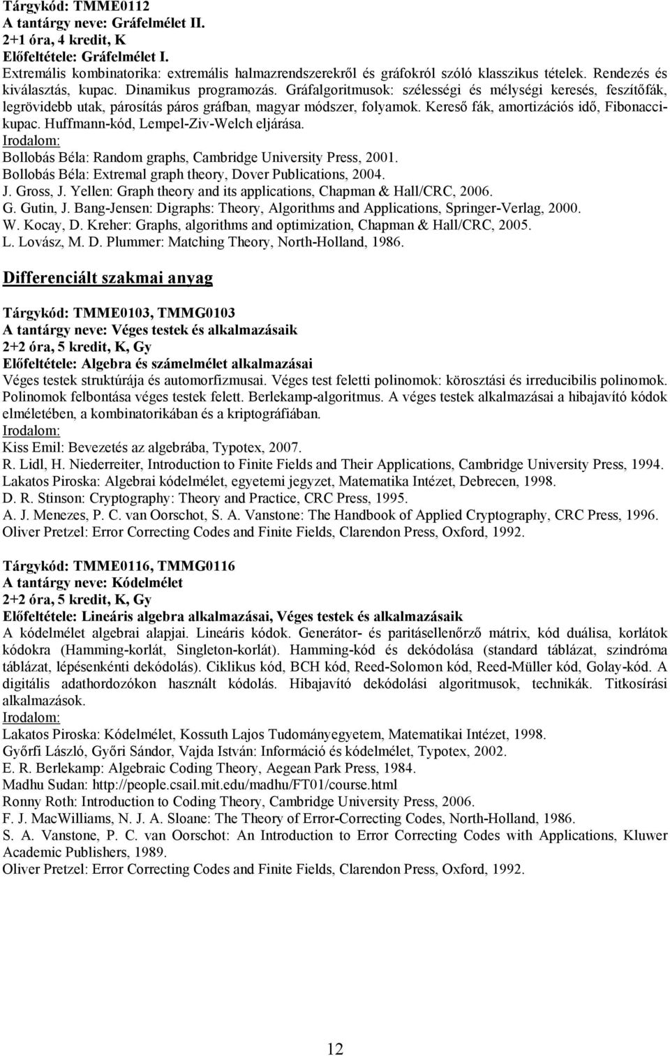 Kereső fák, amortizációs idő, Fibonaccikupac. Huffmann-kód, Lempel-Ziv-Welch eljárása. Bollobás Béla: Random graphs, Cambridge University Press, 2001.