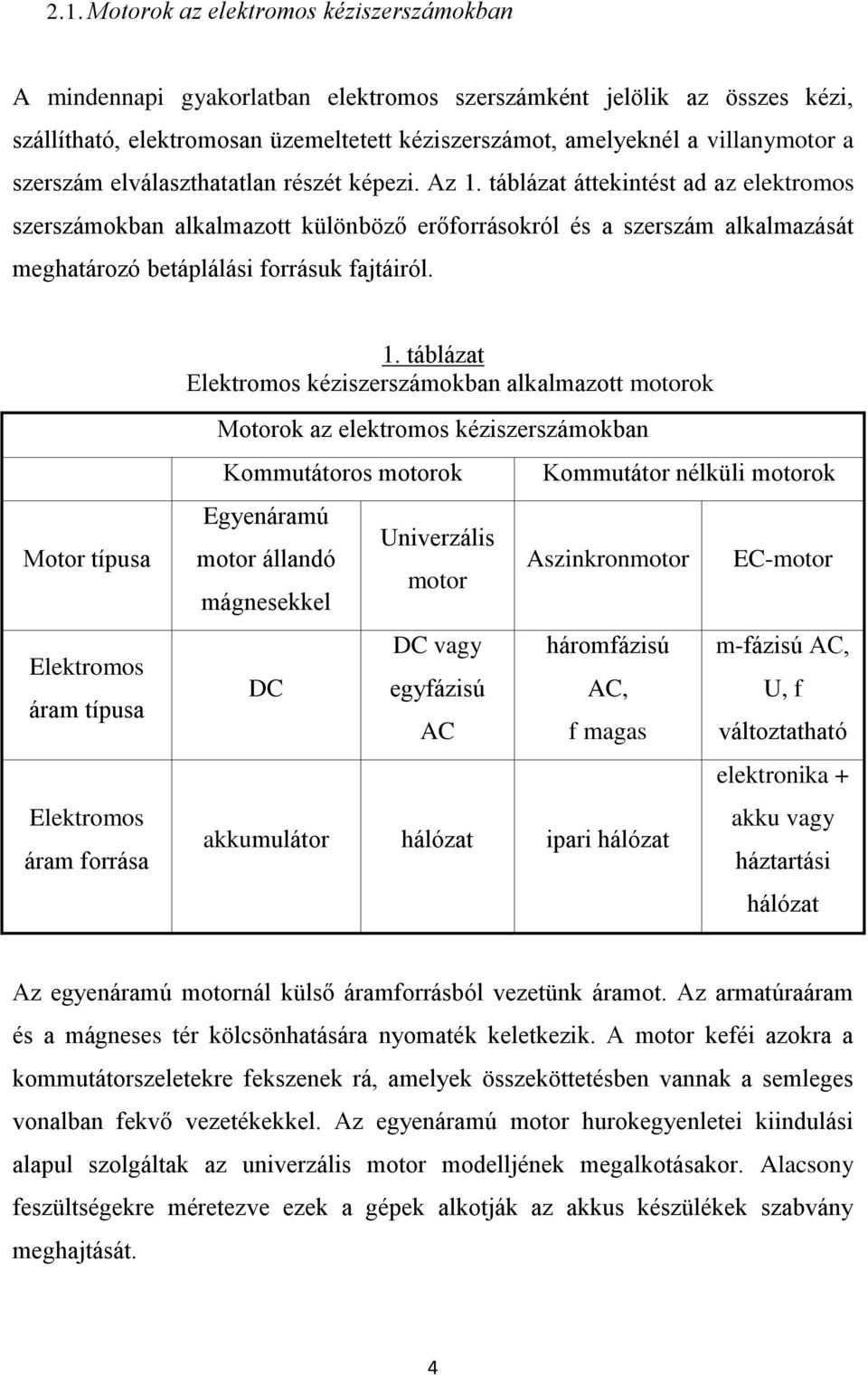 táblázat áttekintést ad az elektromos szerszámokban alkalmazott különböző erőforrásokról és a szerszám alkalmazását meghatározó betáplálási forrásuk fajtáiról. 1.