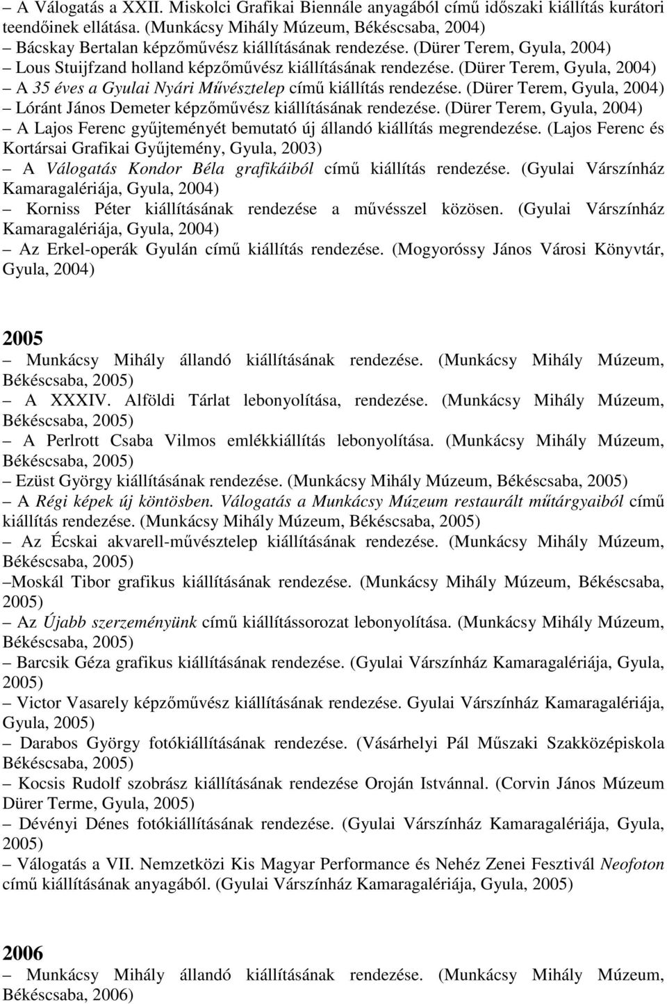 (Dürer Terem, Gyula, 2004) A 35 éves a Gyulai Nyári Művésztelep című kiállítás rendezése. (Dürer Terem, Gyula, 2004) Lóránt János Demeter képzőművész kiállításának rendezése.