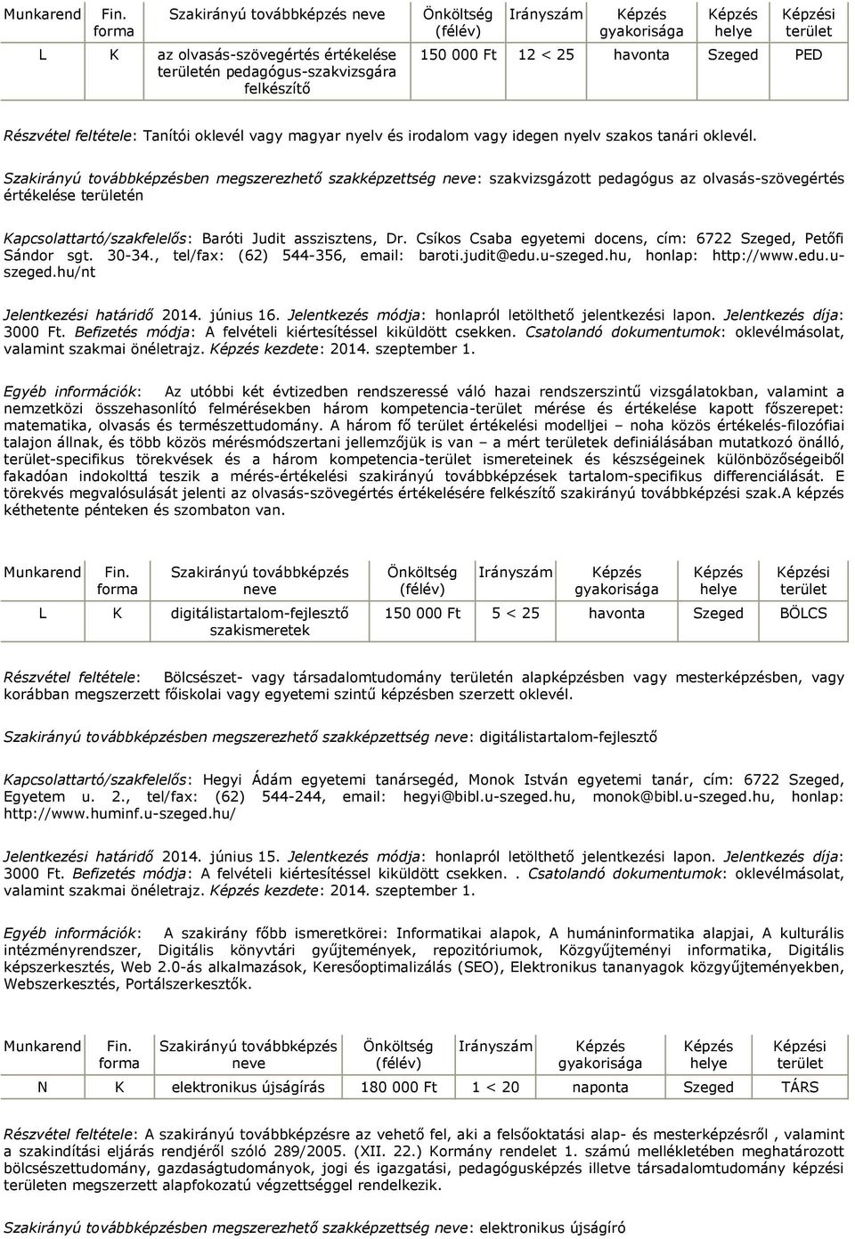 Csíkos Csaba egyetemi docens, cím: 6722 Szeged, Petőfi Sándor sgt. 30-34., tel/fax: (62) 544-356, email: baroti.judit@edu.u-szeged.hu, honlap: http://www.edu.uszeged.hu/nt Jelentkezési határidő 2014.