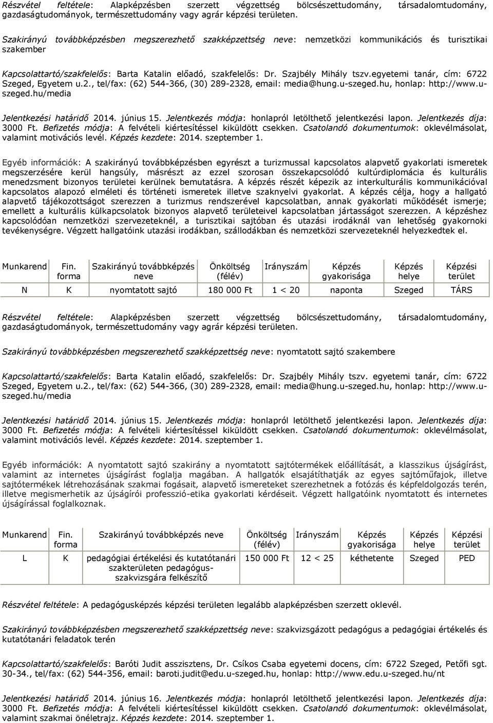 egyetemi tanár, cím: 6722 Szeged, Egyetem u.2., tel/fax: (62) 544-366, (30) 289-2328, email: media@hung.u-szeged.hu, honlap: http://www.uszeged.hu/media valamint motivációs levél. kezdete: 2014.