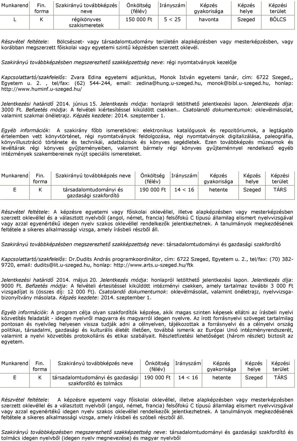 ben megszerezhető szakképzettség : régi nyomtatványok kezelője Kapcsolattartó/szakfelelős: Zvara Edina egyetemi adjunktus, Monok István egyetemi tanár, cím: 6722 Szeged,, Egyetem u. 2.