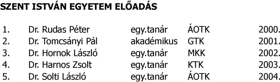 3. Dr. Hornok László egy.tanár MKK 2002. 4. Dr. Harnos Zsolt egy.