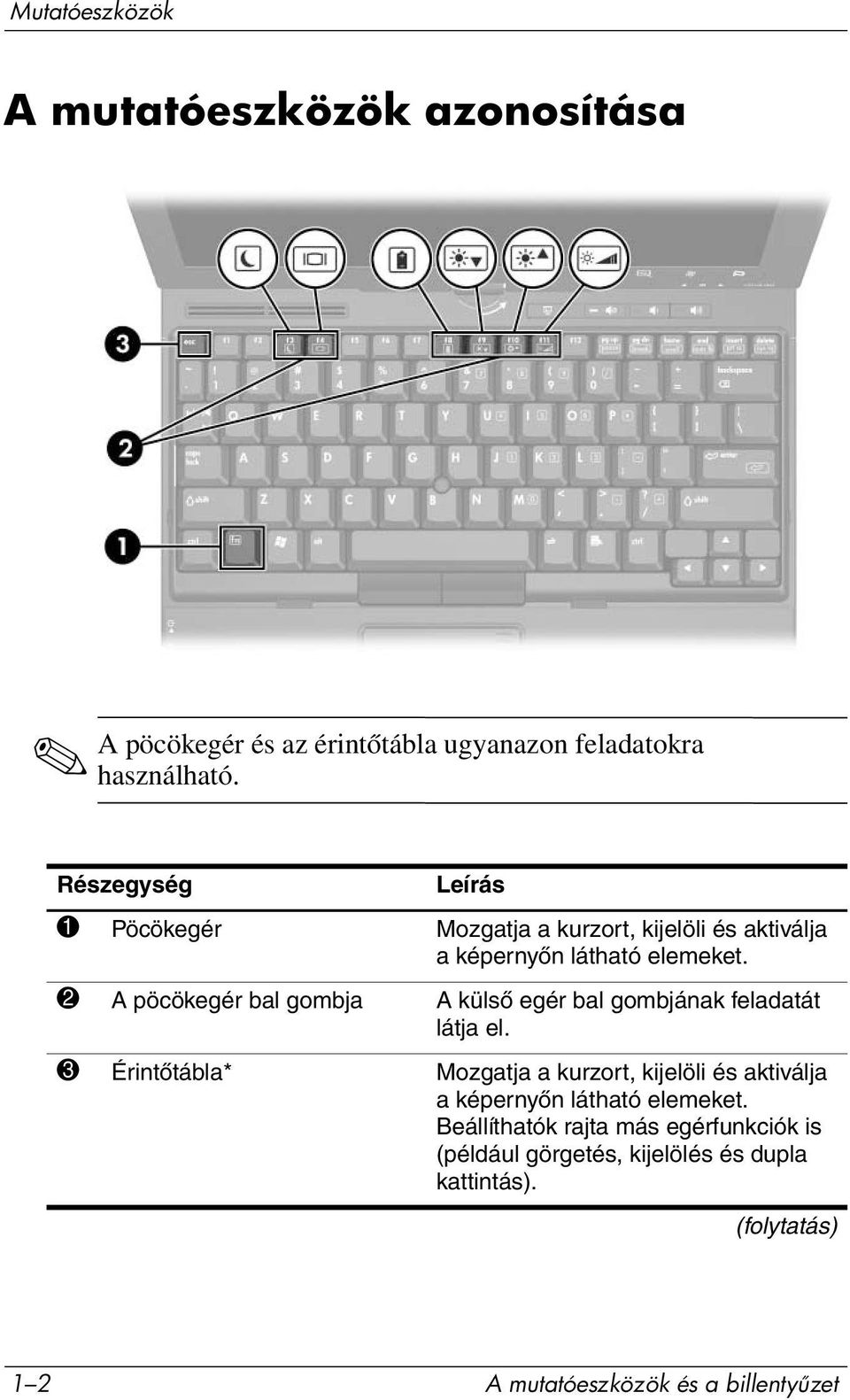 2 A pöcökegér bal gombja A külső egér bal gombjának feladatát látja el.