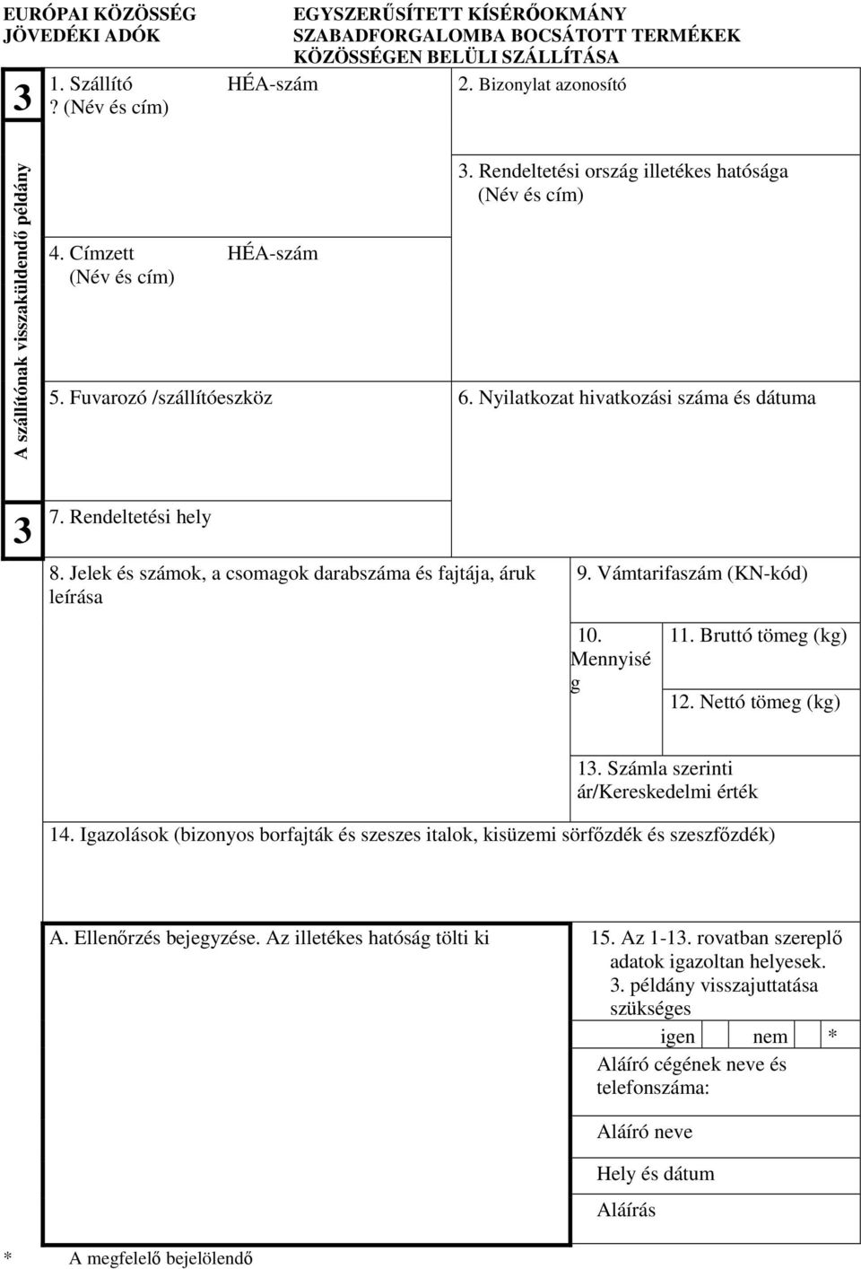 Rendeltetési hely 8. Jelek és számok, a csomagok darabszáma és fajtája, áruk leírása 9. Vámtarifaszám (KN-kód) 10. Mennyisé g 11. Bruttó tömeg (kg) 12. Nettó tömeg (kg) 13.