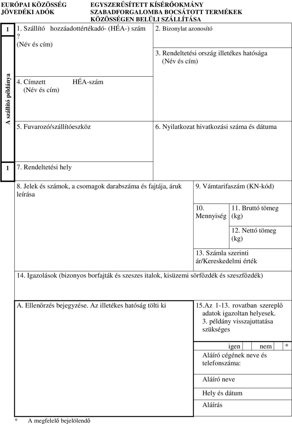 Jelek és számok, a csomagok darabszáma és fajtája, áruk leírása 9. Vámtarifaszám (KN-kód) 10. Mennyiség 11. Bruttó tömeg (kg) 12. Nettó tömeg (kg) 13. Számla szerinti ár/kereskedelmi érték 14.