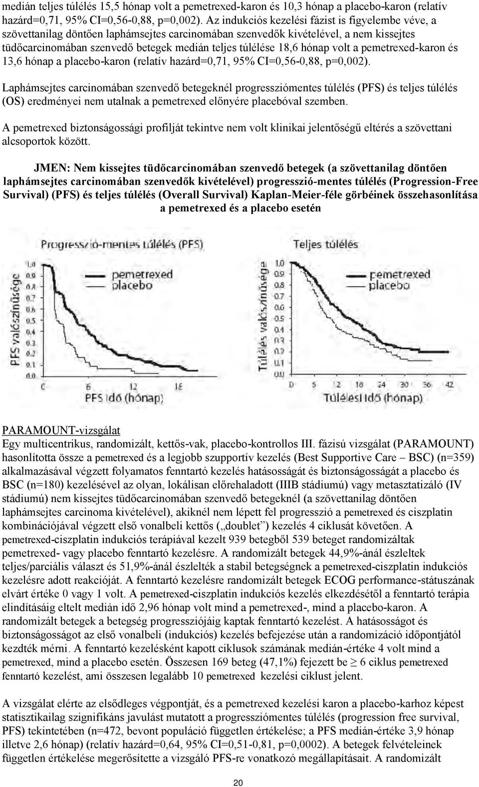 hónap volt a pemetrexed-karon és 13,6 hónap a placebo-karon (relatív hazárd=0,71, 95% CI=0,56-0,88, p=0,002).