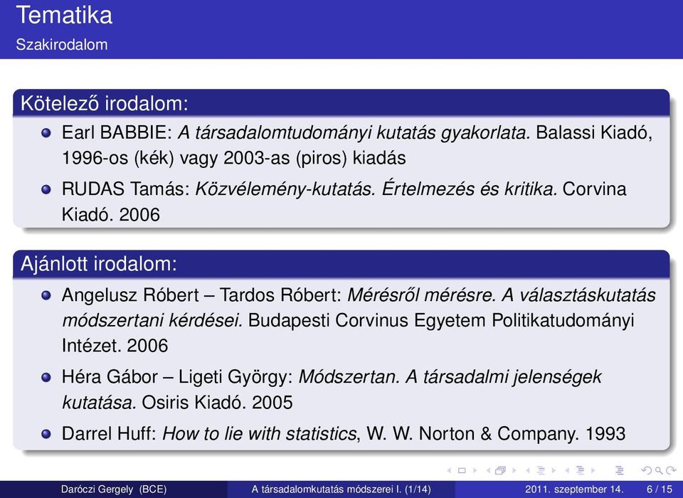 2006 Ajánlott irodalom: Angelusz Róbert Tardos Róbert: Mérésről mérésre. A választáskutatás módszertani kérdései.