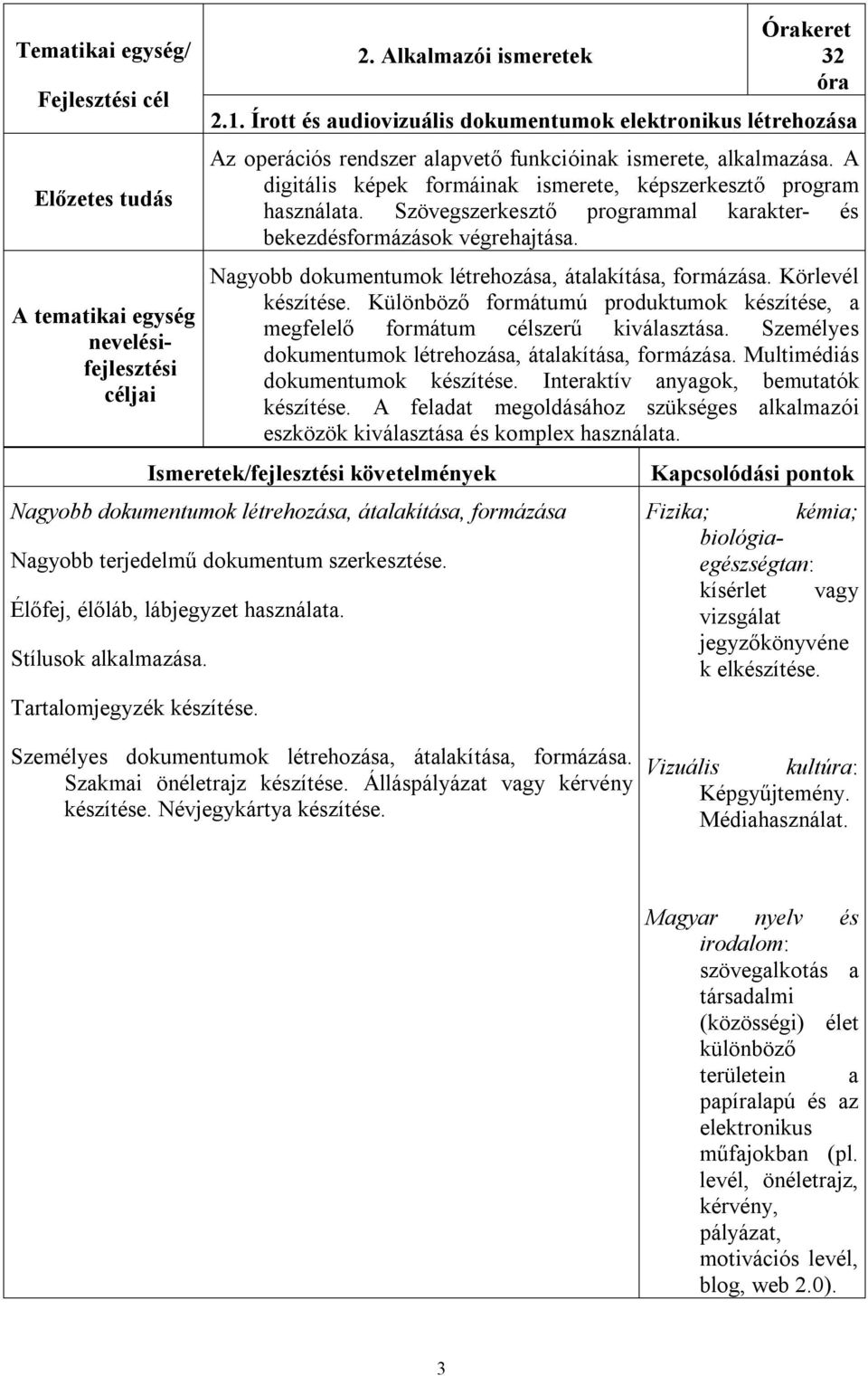 Nagyobb dokumentumok létrehozása, átalakítása, formázása. Körlevél készítése. Különböző formátumú produktumok készítése, a megfelelő formátum célszerű kiválasztása.