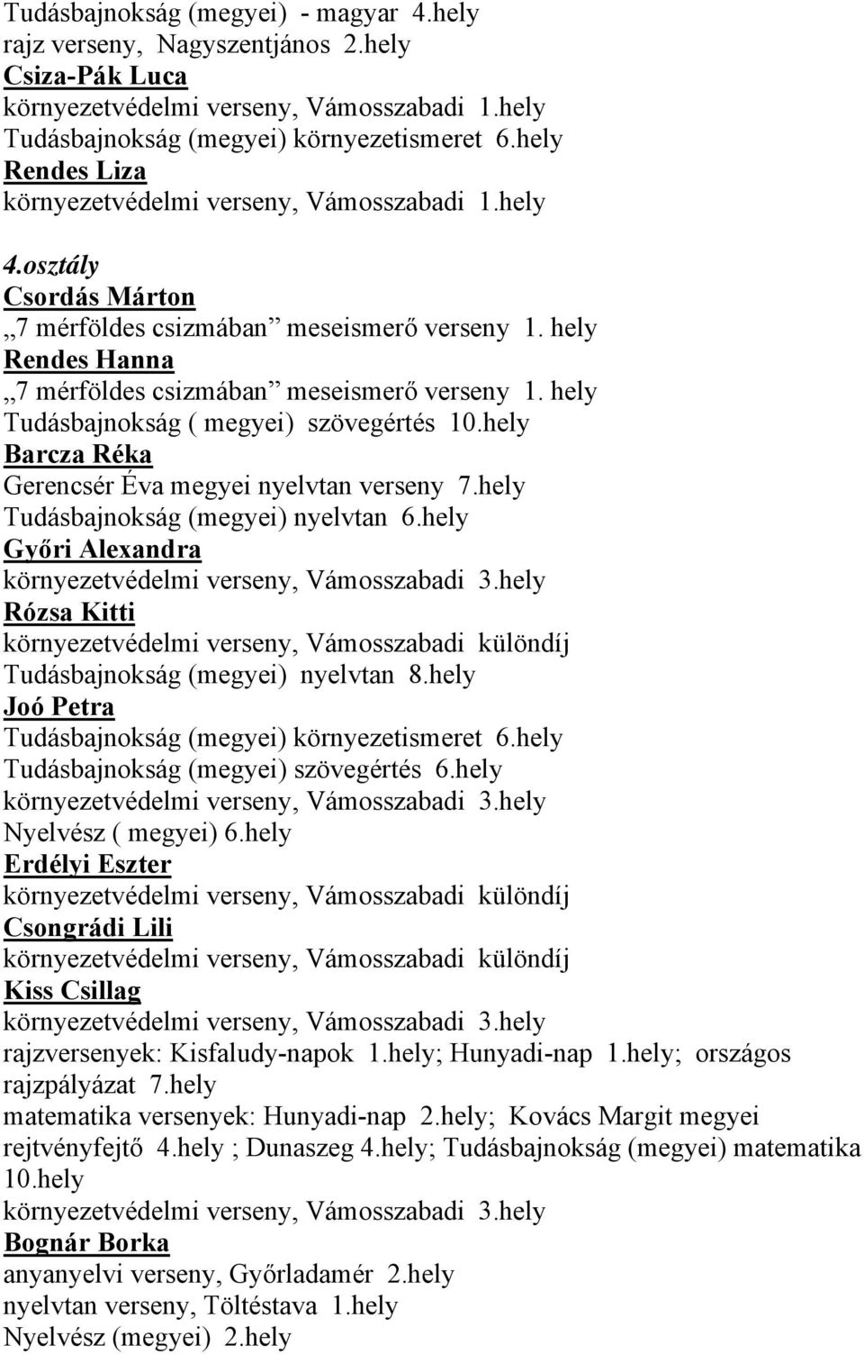 hely Tudásbajnokság ( megyei) szövegértés 10.hely Barcza Réka Gerencsér Éva megyei nyelvtan verseny 7.hely Tudásbajnokság (megyei) nyelvtan 6.