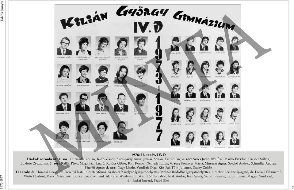 sor: Pomayer Márta, Missurai Ágnes, Szeghő Andrea, Schindler Andrea, Péterffi Ágnes; 5. sor: Nagy László, Vendégh Olga, Kiss Pál, Tóth Julianna, Szalay Zoltán Tanárok: dr. Horányi István, Sz.