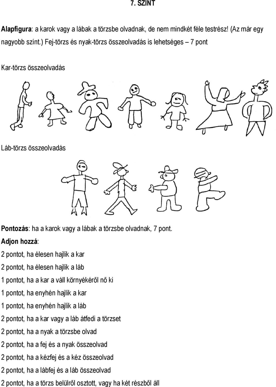 2 pontot, ha élesen hajlik a kar 2 pontot, ha élesen hajlik a láb 1 pontot, ha a kar a váll környékéről nő ki 1 pontot, ha enyhén hajlik a kar 1 pontot, ha enyhén hajlik a láb 2