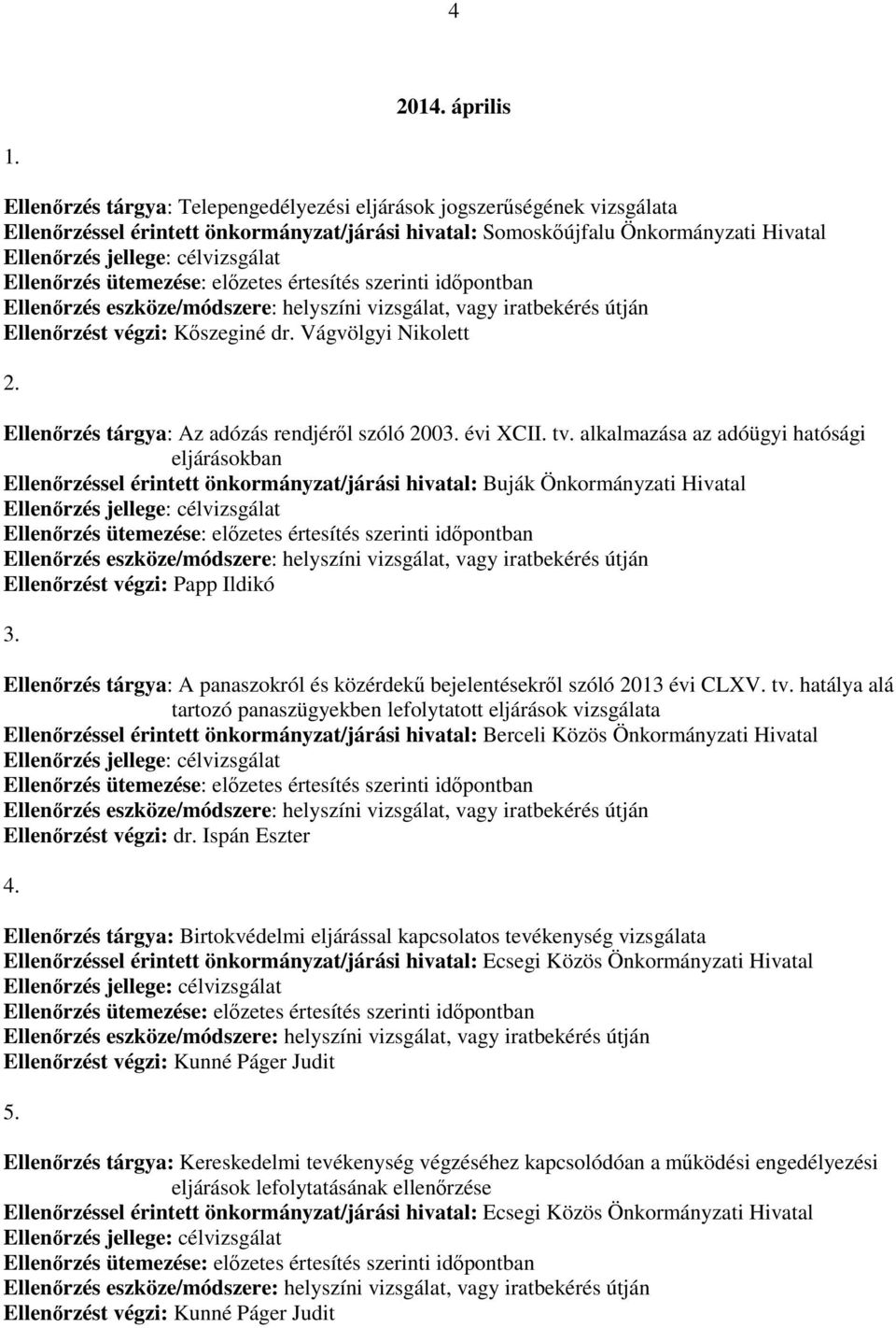 Ellenőrzés ütemezése: előzetes értesítés szerinti időpontban Ellenőrzés eszköze/módszere: helyszíni vizsgálat, vagy iratbekérés útján Ellenőrzést végzi: Kőszeginé dr. Vágvölgyi Nikolett 2.