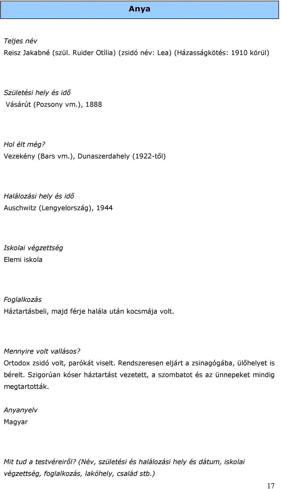 ), Dunaszerdahely (1922-től) Halálozási hely és idő Auschwitz (Lengyelország), 1944 Iskolai végzettség Elemi iskola Foglalkozás Háztartásbeli, majd férje halála után kocsmája