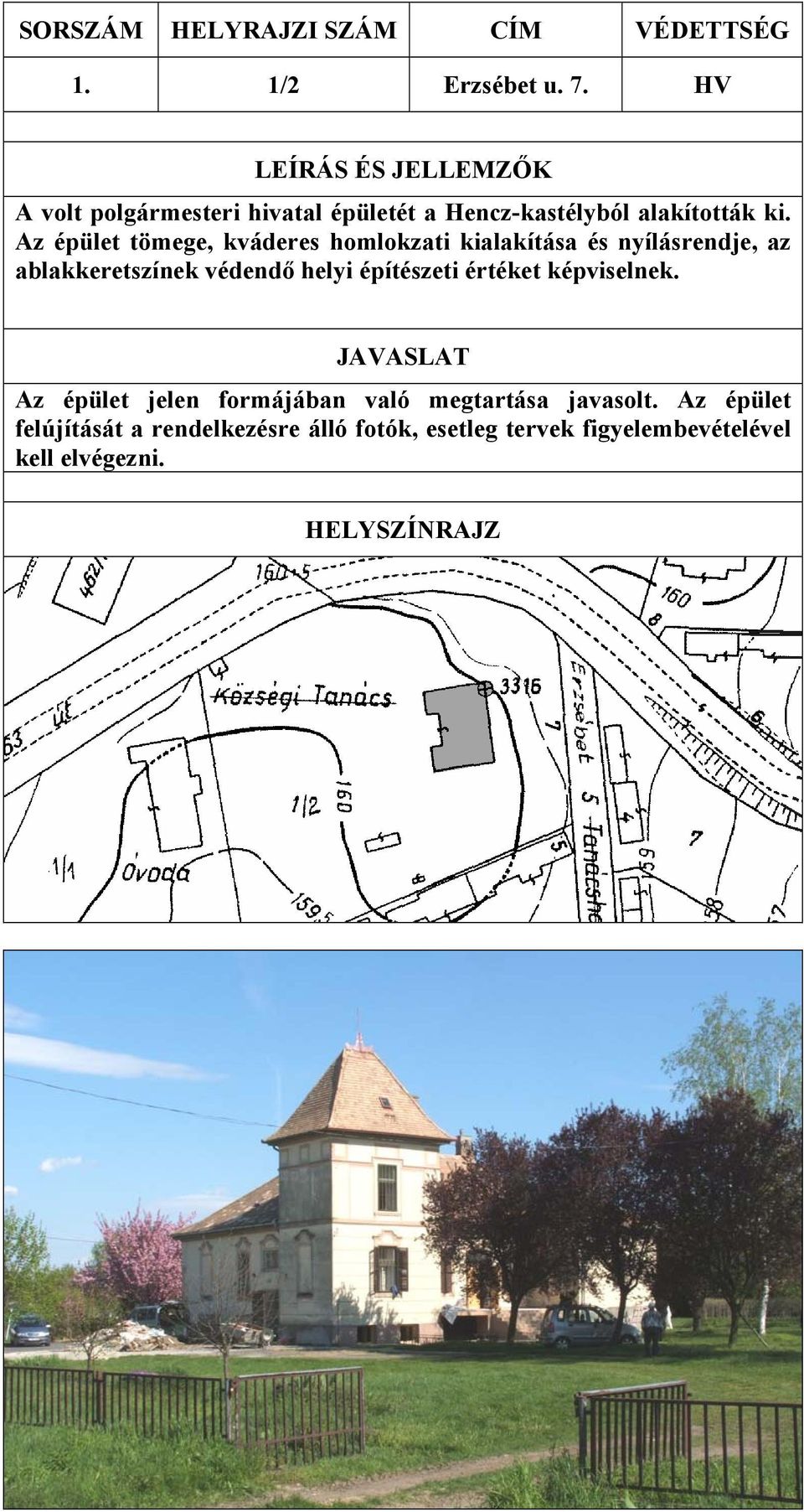 Az épület tömege, kváderes homlokzati kialakítása és nyílásrendje, az ablakkeretszínek védendő helyi