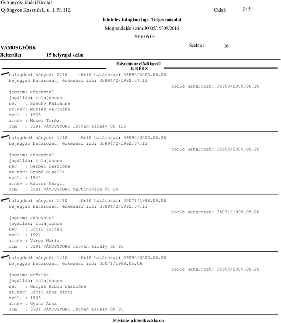 név : Kácsor Margit cím : 3291 Martinovics út 24 8. tulajdoni hányad: 1/10 törlõ határozat: 35071/1998.05.06 név : Lóczi Zoltán szül. : 1924 a.