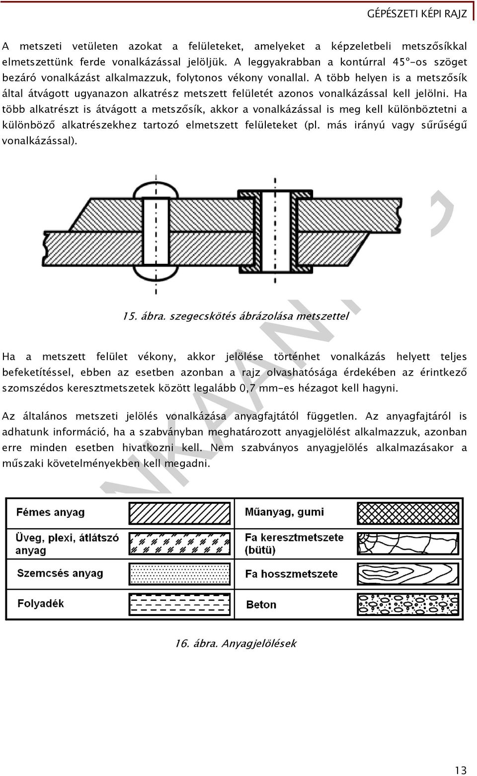 A több helyen is a metszősík által átvágott ugyanazon alkatrész metszett felületét azonos vonalkázással kell jelölni.
