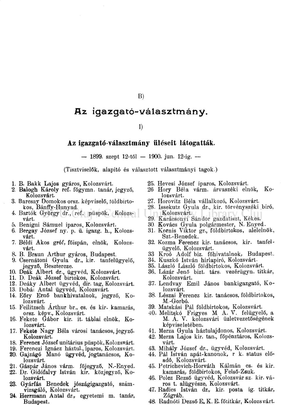 5. Benigni Sámuel iparos, Kolozsvárt. 6. Bergay József ny. p. ü. igazg. h., Kolozsvárt. 7. Béldi Akos gróf, főispán, elnök, Kolozsvárt. 8. B. Braun Arthur gyáros, 9. Csernátoni Gyula dr., kir.